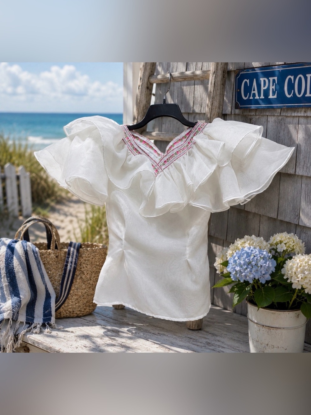 Victor Costa White Ruffled Blouse with V-Neck size 8